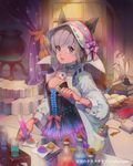  :d alchemist animal_ears bad_id bad_pixiv_id book bookshelf breasts curtains flower holding labcoat looking_at_viewer medium_breasts open_book open_mouth pink_eyes riqurr short_hair silver_hair smile solo star tenkuu_no_crystalia test_tube test_tube_rack vial watermark 