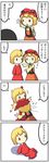  2girls 4koma :&gt; aki_minoriko aki_shizuha blonde_hair brown_dress comic dress food fruit grapes hair_ornament hat highres juliet_sleeves leaf leaf_on_head long_sleeves multiple_girls on_ground potaaju puffy_sleeves shirt short_hair siblings simple_background sisters sitting skirt skirt_set surprised tackle touhou translated waving |_| 