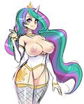  bare_shoulders breasts celestia_(my_little_pony) choker corset crown cutie_mark detached_sleeves earrings fishnet_legwear fishnets green_hair highres horn huge_breasts jewelry long_hair maniacpaint mini_crown multicolored_hair my_little_pony my_little_pony_friendship_is_magic nipples no_panties personification purple_eyes purple_hair pussy smile solo thighhighs very_long_hair 