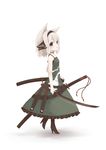  adapted_costume animal_ears bare_shoulders blue_eyes boots cat_ears choker dress full_body green_dress hair_ribbon high_heels highres katana kemonomimi_mode knife konpaku_youmu petite ribbon shoes short_hair silver_hair simple_background sleeveless sleeveless_dress solo sword touhou weapon white_background yamino_haruka 