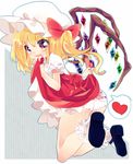  blonde_hair blush bow dress dress_lift fang flandre_scarlet frilled_legwear hat hat_ribbon head_rest heart kneeling looking_at_viewer mary_janes mob_cap morinaga_kobato open_mouth panties pink_eyes print_panties puffy_sleeves red_skirt ribbon shirt shoes short_sleeves side_ponytail skirt smile solo spoken_heart touhou underwear white_panties wings 