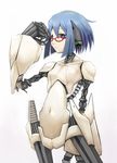  adjusting_eyewear android android_(sekaiju) blue_eyes blue_hair cable glasses highres kenshin navel red-framed_eyewear robot_joints sekaiju_no_meikyuu sekaiju_no_meikyuu_3 short_hair solo spine 