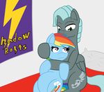  charger_(mlp) cuddling cutie_mark duo english_text equine eye_contact facial_hair female friendship_is_magic fur goatee green_eyes grey_fur hair horse jake-heritagu male mammal multi-colored_hair my_little_pony pegasus pillow pony pregnant rainbow_dash_(mlp) rainbow_hair red_eyes shadowbolts_(mlp) text wings 