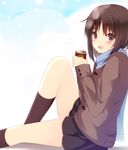  :d again8120 bad_id bad_pixiv_id bangs black_hair black_skirt blush brown_eyes can eyebrows_visible_through_hair from_side highres holding leg_up long_sleeves looking_at_viewer looking_to_the_side open_mouth original scarf short_hair sitting skirt smile snowing solo 