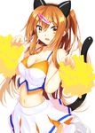  animal_ears blush breasts brown_eyes brown_hair cat_ears cat_tail cheerleader chuunibyou_demo_koi_ga_shitai! cleavage coracola hair_ornament hairclip highres long_hair looking_at_viewer medium_breasts midriff navel nibutani_shinka one_side_up open_mouth paw_pose pom_poms skirt smile solo tail 