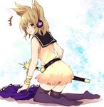  1girl blonde_hair blush bracelet brown_eyes earmuffs from_behind jewelry kneeling looking_back makuwauri open_mouth purple_legwear sheath shirt short_hair skirt sleeveless sleeveless_shirt solo surprised sweatdrop sword thighhighs touhou toyosatomimi_no_miko weapon 