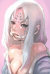  bare_shoulders black_sclera bow_(bhp) breasts cleavage long_hair mandibles medium_breasts monster_girl original solo white_hair 