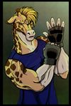  anthro biceps blonde_hair brown_fur clothing fingerless_gloves flexing fur giraffe gloves hair looking_at_viewer male mammal muscles open_mouth pecs pegasus316 shirt standing tank_top toned tongue vest yellow_fur 