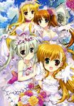  :d absurdres blonde_hair blue_eyes blush bouquet bow breasts bridal_veil church cleavage dress einhart_stratos elbow_gloves fate_testarossa flat_chest flower flower_necklace frills fujima_takuya gloves green_eyes green_hair highres jewelry large_breasts long_hair lyrical_nanoha mahou_shoujo_lyrical_nanoha_vivid multiple_girls necklace open_mouth purple_eyes red_eyes scan side_ponytail smile takamachi_nanoha veil vivio wedding_dress 