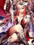  arm_up bad_id bad_pixiv_id blonde_hair blue_eyes boots breasts cleavage crossed_legs cyrene_de_bergerac hair_ornament large_breasts long_hair looking_at_viewer multicolored_hair nekonabe_ao original pauldrons red_hair sangokushi_taisen sitting skirt smile solo sword two-tone_hair weapon 