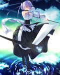  ayatudura bad_id bad_pixiv_id closed_eyes detached_sleeves dress high_heels highres jewelry long_hair original purple_hair ring shoes solo staff standing standing_on_liquid water 