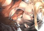  1girl antiheld backlighting blonde_hair breasts brown_hair cleavage closed_eyes downscaled final_fantasy final_fantasy_viii girl_on_top gloves hetero kiss md5_mismatch medium_breasts quistis_trepe resized scar short_hair squall_leonhart white_background 