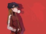  bad_id bad_pixiv_id blue_eyes brown_hair bubble_blowing chewing_gum evangelion:_3.0_you_can_(not)_redo hands_in_pockets hao_(patinnko) hat jacket long_hair neon_genesis_evangelion nerv profile rebuild_of_evangelion red_background shadow shikinami_asuka_langley solo souryuu_asuka_langley track_jacket 