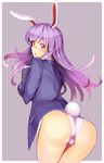 animal_ears ass blush bunny_ears bunny_tail from_behind ginko_(nico) grey_background long_hair no_pants panties pink_panties purple_hair red_eyes reisen_udongein_inaba simple_background solo tail touhou underwear 