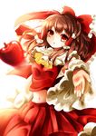  apple ascot bow brown_hair detached_sleeves food fruit hair_bow hair_tubes hakurei_reimu highres long_hair long_sleeves looking_at_viewer midriff navel open_mouth outstretched_arm outstretched_hand puracotte red_eyes shirt skirt skirt_set solo touhou wide_sleeves 