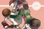  1boy 1other androgynous apron ass basketball blush chara_(undertale) chocolate eyes_closed food hat open_mouth pantyhose papyrus_(undertale) pasta shirt shorts shousan_(hno3syo) skeleton smile source_request spaghetti striped striped_shirt undertale 