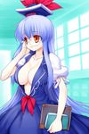  asamura_hiori bespectacled blue_eyes book breasts cleavage collarbone dress eyelashes glasses hat highres kamishirasawa_keine large_breasts long_hair no_bra red_eyes solo touhou very_long_hair 