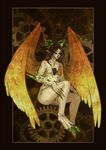  bad_deviantart_id bad_id bow brown_hair closed_eyes commentary dizmathik english_commentary feathered_wings frame full_body gears grey_skin hair_bow long_hair monster_girl nude pointy_ears reiuji_utsuho robot solo touhou wings 