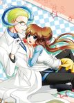  1boy 1girl ahoge akuroma_(pokemon) blonde_hair blue_eyes blue_hair brown_hair candy double_bun glasses lab_coat labcoat lollipop mei_(pokemon) multicolored_hair nintendo pokemon pokemon_(game) pokemon_bw2 red_eyes saku_singing scientist two-tone_hair 