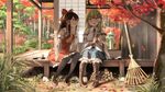  ascot autumn_leaves black_hair black_legwear boots bow brown_eyes brown_hair commentary cross-laced_footwear dango detached_sleeves food frog_hair_ornament green_eyes green_hair hair_bow hair_ornament hair_tubes hakurei_reimu highres kochiya_sanae lace-up_boots long_hair multiple_girls open_mouth pantyhose rake sitting snake stone_lantern supertie touhou wagashi wallpaper 