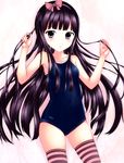  black_hair brown_eyes competition_school_swimsuit hairband long_hair neuron_(exceed) one-piece_swimsuit original school_swimsuit solo striped striped_legwear swimsuit thighhighs 