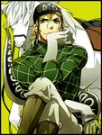  bad_id bad_pixiv_id blonde_hair blue_eyes boots crossed_legs diego_brando gloves green_shirt hat highres horse hymg-gmyh jojo_no_kimyou_na_bouken male_focus shirt sitting solo steel_ball_run sweater turtleneck 