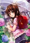  absurdres apartment backpack bag blurry brown_eyes brown_hair depth_of_field dutch_angle flower highres hydrangea long_hair looking_back rain randoseru scan skirt smile solo to_love-ru to_love-ru_darkness transparent transparent_umbrella umbrella yabuki_kentarou yuuki_mikan 