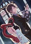  1boy bad_id bad_pixiv_id black_hair brown_eyes cellphone chain cross formal holding looking_at_viewer male_focus necktie original paper phone pinstripe_pattern pinstripe_suit pocket_watch smile snake solo striped suit watch window 