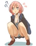  ? backpack bag blue_eyes chestnut_mouth iwanishi loafers looking_at_viewer no_socks open_clothes open_shirt original panties pink_hair shirt shoes solo squatting striped striped_panties underwear 