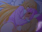  @_@ alternate_costume blonde_hair blush bottomless breast_slip breast_smother breasts covered_nipples full-face_blush head_wings hug large_breasts long_hair mnjs multiple_girls naoe_kanetsugu_(sengoku_collection) nipples one_breast_out pajamas pillow sengoku_collection shadow sleeping uesugi_kenshin_(sengoku_collection) very_long_hair yellow_eyes yuri 