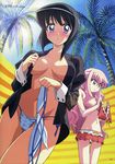  2girls absurdres beach bikini black_hair blue_eyes blush fujii_masahiro highres louise_francoise_le_blanc_de_la_valliere megami midriff multiple_girls open_clothes open_shirt panties pink_eyes pink_hair scan shirt side-tie_bikini siesta swimsuit underwear undressing volume76 zero_no_tsukaima 