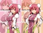  bandages blush character_name chinese_clothes double_bun flower hands_on_hips ibaraki_kasen one_eye_closed pink_eyes red_hair rose short_hair smile solo takeyuu touhou 