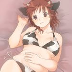  amagami animal_ears animal_print bad_id bad_pixiv_id bra breasts brown_eyes brown_hair cow_ears cow_horns cow_print hand_on_own_stomach horns large_breasts looking_at_viewer lying marumaron on_back panties plump sakurai_rihoko short_hair side-tie_panties solo tug underwear underwear_only 