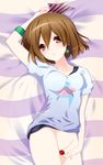  bluetheater bottomless brown_eyes brown_hair censored earrings food fruit hirasawa_yui jewelry k-on! listen!! lying no_panties revision solo star strawberry 