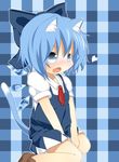  akisha animal_ears bad_id bad_pixiv_id blue_eyes blue_hair bow cat_ears cat_tail cirno dress fang hair_bow heart highres ice ice_wings kemonomimi_mode open_mouth short_hair short_sleeves solo tail tears touhou wings 