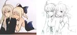  ;p ahoge artist_progress artoria_pendragon_(all) before_and_after black_dress blonde_hair blush bow breasts choker cleavage closed_eyes commentary corset dress dual_persona english_commentary fate/stay_night fate/unlimited_codes fate_(series) hair_bow heart lineart long_hair medium_breasts multiple_girls one_eye_closed partially_colored playing_with_another's_hair ponytail saber_alter saber_lily tongue tongue_out tusia white_dress yellow_eyes 