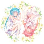  animal_ears blue_hair cat_ears dress flower highres multiple_girls mvv original pink_hair sleeping thighhighs 