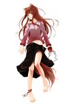  absurdres animal_ears ankleband anklet ayakura_juu barefoot brown_hair collarbone fingernails full_body grin groin highres holo jewelry long_hair lying naughty_face no_panties off_shoulder pouch red_eyes scan simple_background skirt smile solo spice_and_wolf tail untied wolf_ears wolf_tail 