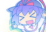  &gt;_&lt; :d arms_up blue_hair capelet closed_eyes ebizome halftone halftone_background hat highres nagae_iku open_mouth short_hair smile solo touhou upper_body xd 