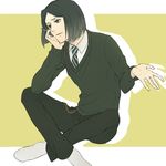  bad_id bad_pixiv_id black_eyes black_hair bob_cut fate/zero fate_(series) gradient_hair green_hair indian_style male_focus mmm_(xbit) multicolored_hair necktie pen sitting solo waver_velvet 