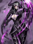  alternate_costume alternate_hair_color armor blood breasts broken_armor cleavage cleavage_cutout darkflame_shyvana fangs faulds full_armor helmet highres horns kumiko_shiba large_breasts league_of_legends one_eye_covered pauldrons purple_eyes shyvana solo spikes 