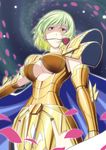  armor breasts cape cleavage_cutout cosplay flower gold_armor gold_saint green_hair h-new highres kazami_yuuka large_breasts mouth_hold petals pisces pisces_aphrodite pisces_aphrodite_(cosplay) rose saint_seiya short_hair solo touhou yellow_eyes 