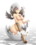  ao_usagi arm_cannon black_wings breasts broken_egg brown_hair commentary egg eggshell eggshell_hat groin hatching long_hair medium_breasts nipples nude one_eye_covered red_eyes reiuji_utsuho sitting solo third_eye touhou weapon wings 