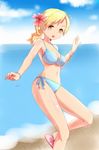  alternate_hairstyle bad_id bad_pixiv_id beach bikini bracelet breasts cleavage cloud day flower hair_flower hair_ornament highres horizon jewelry koma_(wsgtt1300) mahou_shoujo_madoka_magica medium_breasts navel ocean outdoors ponytail sandals side-tie_bikini sky solo swimsuit tomoe_mami 