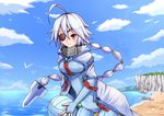  ahoge bad_id bad_pixiv_id beach blazblue blush_stickers bodysuit braid breasts bridal_gauntlets cape cliff crotch_plate lens_flare long_hair medium_breasts nu-13 red_eyes silver_hair single_braid sioame smile solo volleyball 