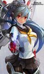  :o blue_hair copyright_name engrish labrys long_hair looking_at_viewer matsumoto_mitsuaki mechanical_arm mechanical_legs persona persona_4:_the_ultimate_in_mayonaka_arena ponytail ranguage red_eyes school_uniform serafuku skirt solo 