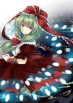  amulet back bow dress frills front_ponytail green_eyes green_hair hair_bow hair_ornament hair_ribbon highres kagiyama_hina long_hair looking_back nishigyou_teraa ribbon short_sleeves smile solo touhou 