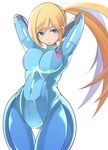  annoyed arms_up bangs blonde_hair blue_eyes bodysuit breasts clenched_teeth covered_navel covered_nipples cowboy_shot ears eyebrows_visible_through_hair glowing hair_over_eyes high_collar high_ponytail large_breasts long_hair looking_at_viewer metroid nasu800 ponytail samus_aran sidelocks simple_background skin_tight solo swept_bangs teeth white_background wide_hips zero_suit 