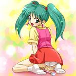  90s earrings green_eyes green_hair haruyama_kazunori jewelry kneeling looking_back lowres mahou_no_angel_sweet_mint mint_(sweet_mint) open_mouth panties pantyshot pink_vest smile socks solo star star_earrings twintails underwear vest wand white_panties 