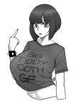  1girl bangs black_hair black_shirt blunt_bangs bracelet breasts cropped_torso ekz_(drawfag) english_text eyebrows_visible_through_hair greyscale highres huge_breasts jewelry meme midriff monochrome navel original print_shirt shirt short_hair short_sleeves simple_background solo spiked_bracelet spikes t-shirt upper_body white_background 